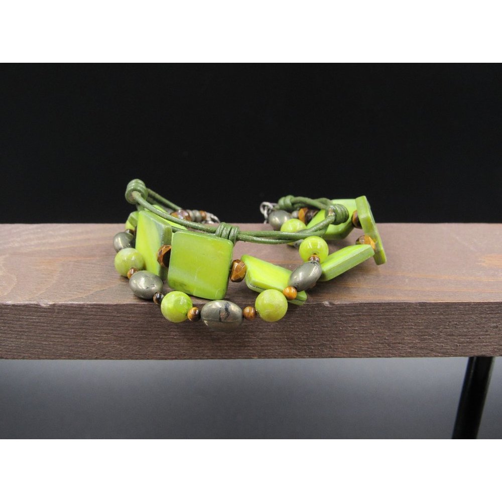 8" Sterling Silver & Green Leather Shell Bracelet Vintage Wedding Engagement